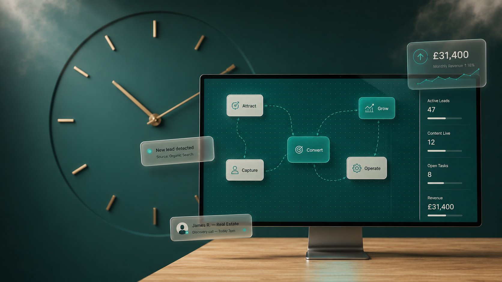 Business growth dashboard with analytics and workflow system